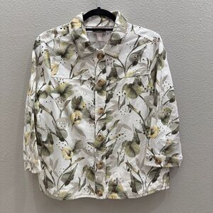 Chico's Floral Button Down Shirt - Medium White and Green
